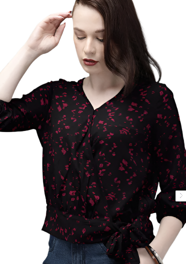 Women Black Abstract Printed Waist Tie-Up Knitted Wrap Top in Germany