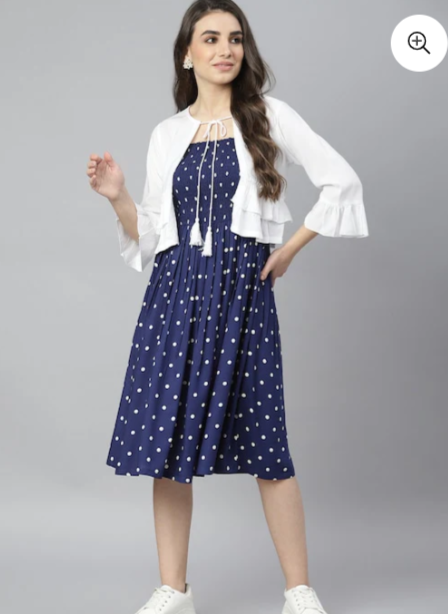 BLUE POLKA DRESS WITH-RUFFLED SHRUG IN MUNICH