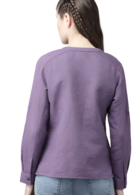 The Lifestyle Co Purple Cotton Linen Solid Mandarin Collar Top in Munich