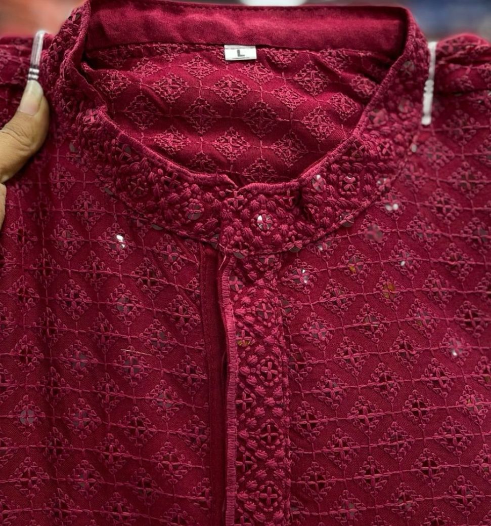 Men's Kurta Churidar with Embroidery Cotton Rayon Maroon closeup