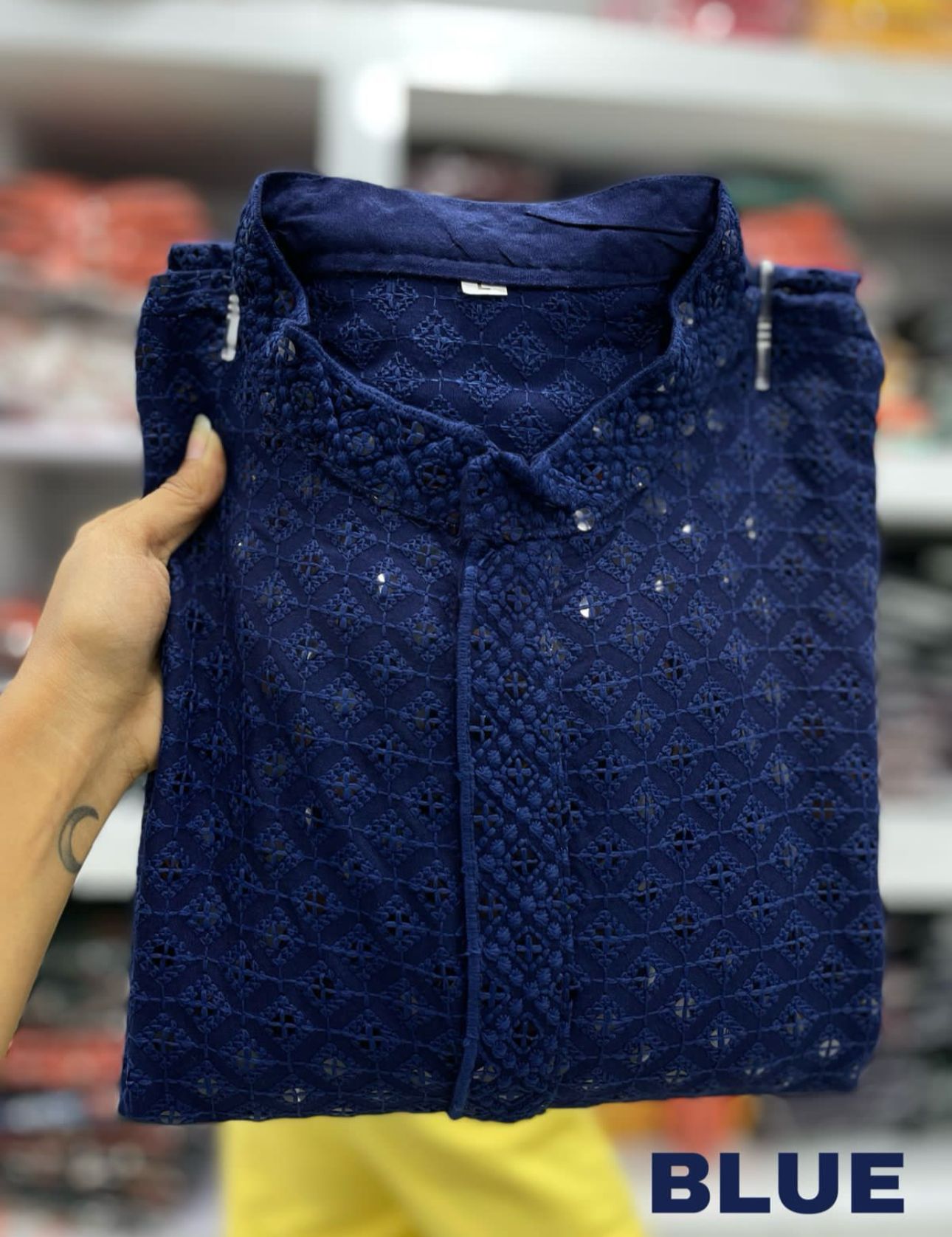 Men's Kurta Churidar with Embroidery Cotton Rayon Blue