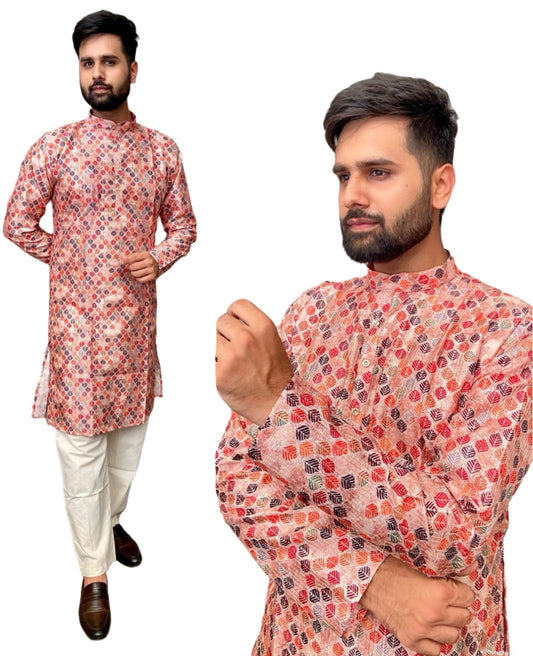 Kurtas in Hit Prints Pure Banglori Silk Crochet And Print Work Full Stitched peach