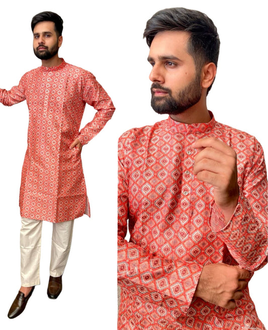 Kurtas in Hit Prints Pure Banglori Silk Crochet And Print Work Full Stitched orange