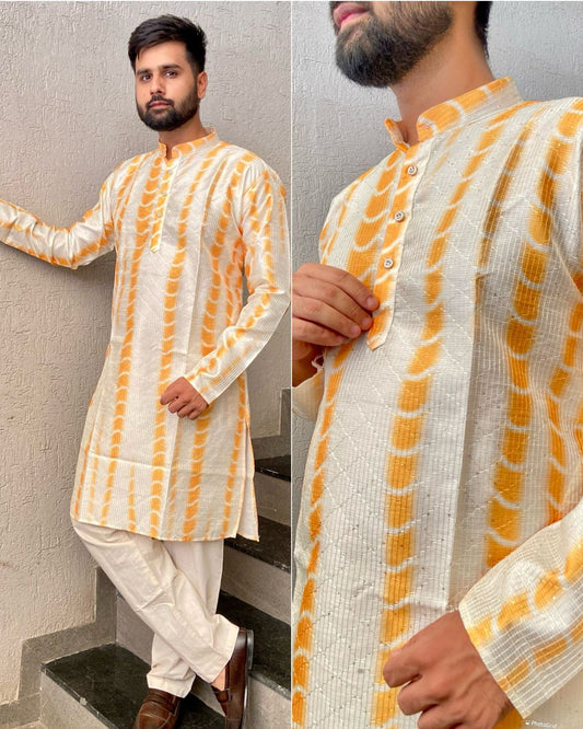 Kurtas in Hit Prints Pure Banglori Silk Crochet And Print Work Full Stitched yellow
