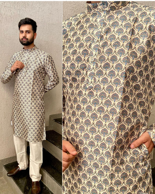 Kurtas in Hit Prints Pure Banglori Silk Crochet And Print Work Full Stitched cream