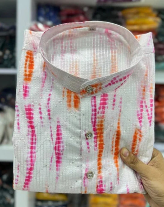 Kurtas in Hit Prints Pure Banglori Silk Crochet And Print Work Full Stitched white