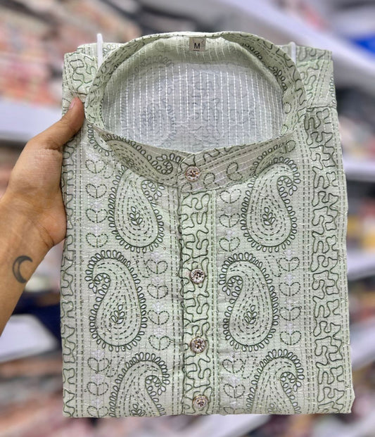 Kurtas in Hit Prints Pure Banglori Silk Crochet And Print Work Full Stitched green