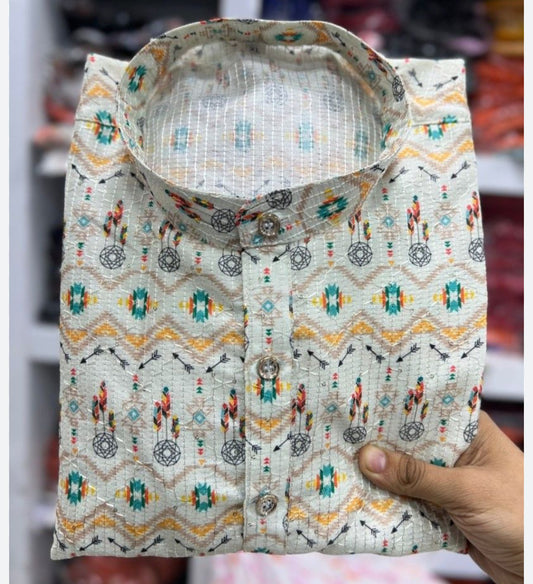 Kurtas in Hit Prints Pure Banglori Silk Crochet And Print Work Full Stitched cream