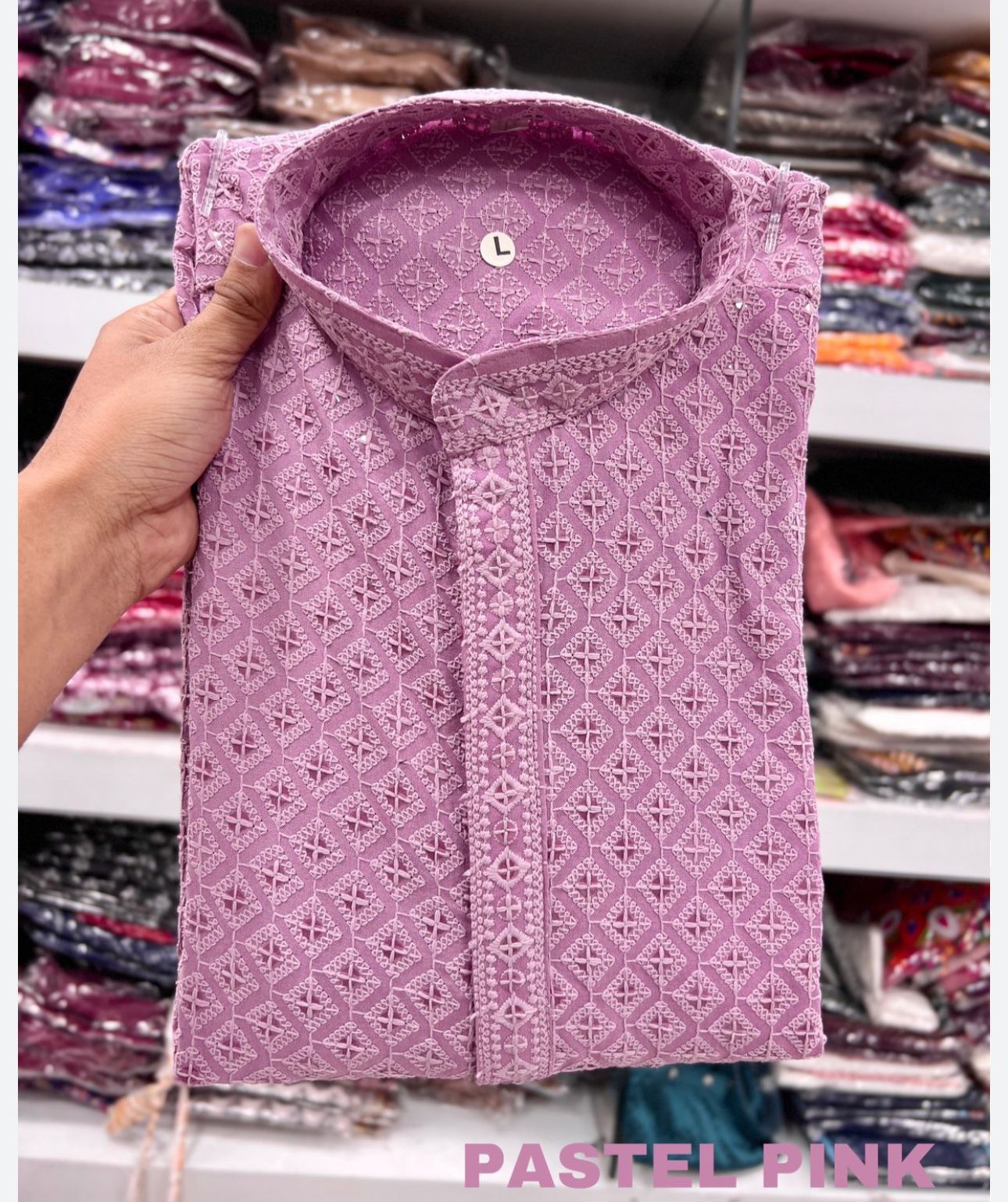 Men's Kurta Churidar with Embroidery Cotton Rayon Pastel pink