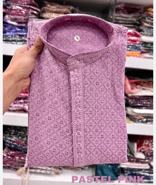 Men's Kurta Churidar with Embroidery Cotton Rayon Pastel pink