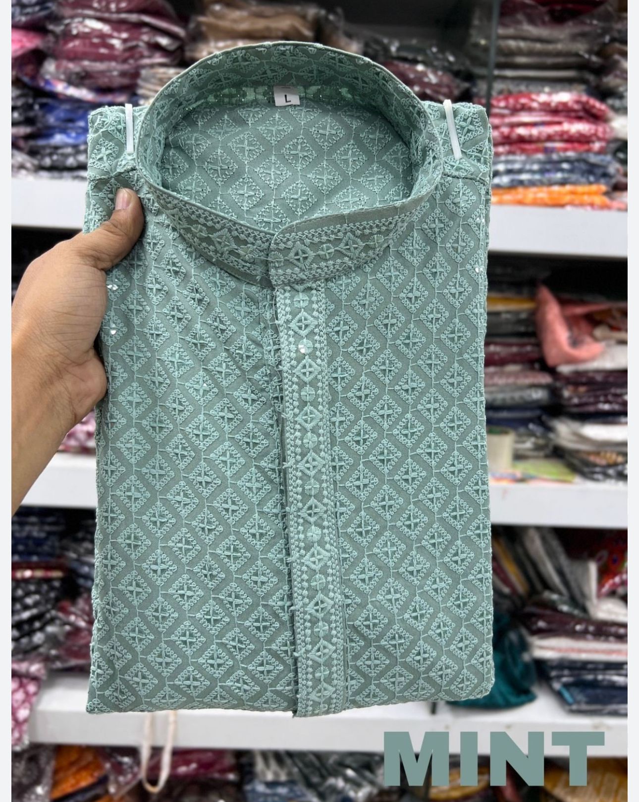 Men's Kurta Churidar with Embroidery Cotton Rayon Mint