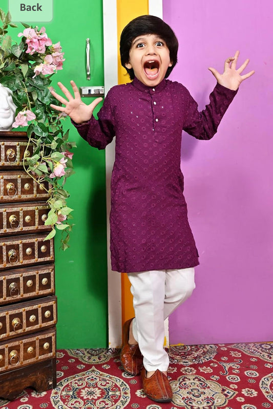 Boys Kurta Pajama Sequin Print Embroidery Mirror Work Maroon happy
