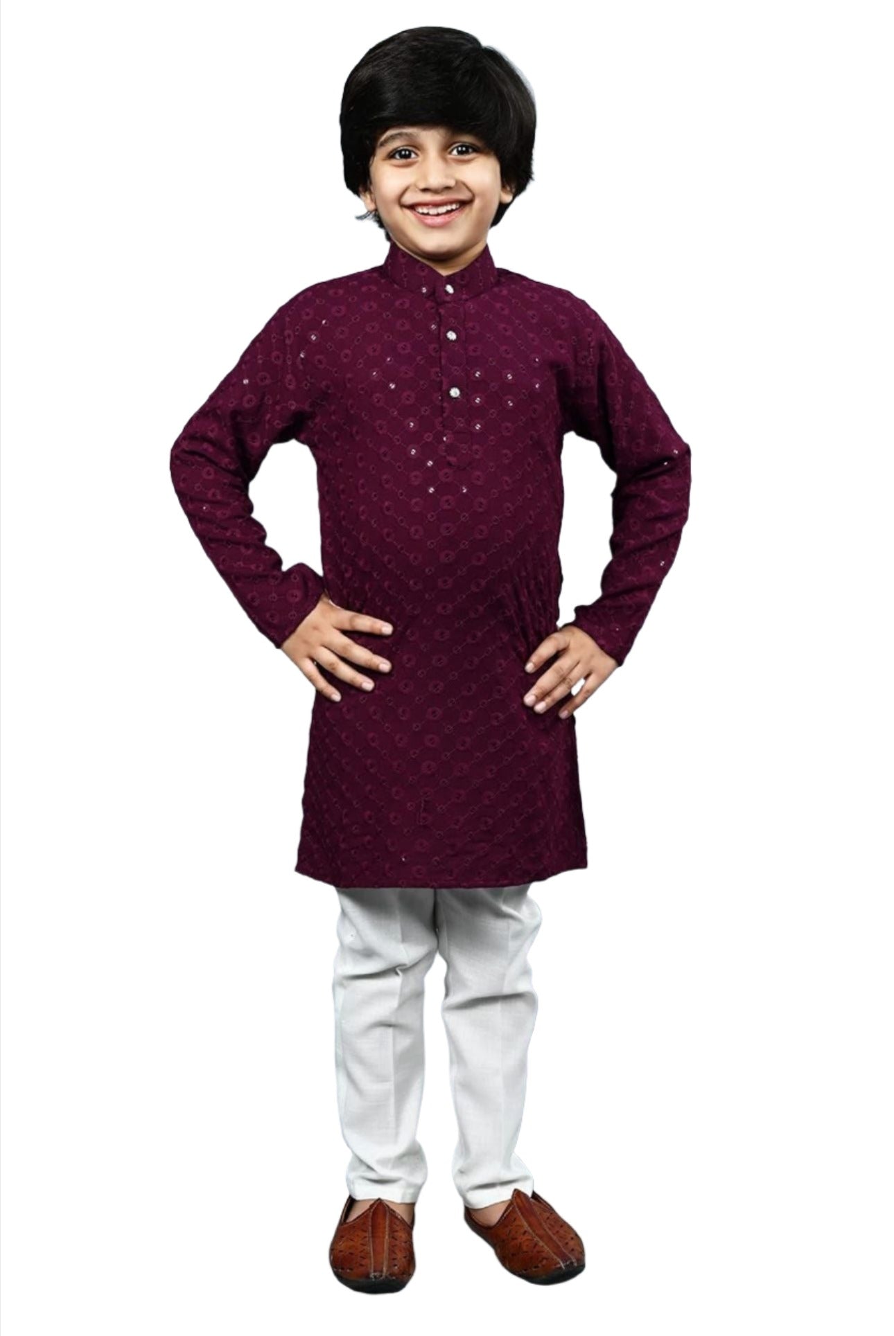 Boys Kurta Pajama Sequin Print Embroidery Mirror Work Maroon front