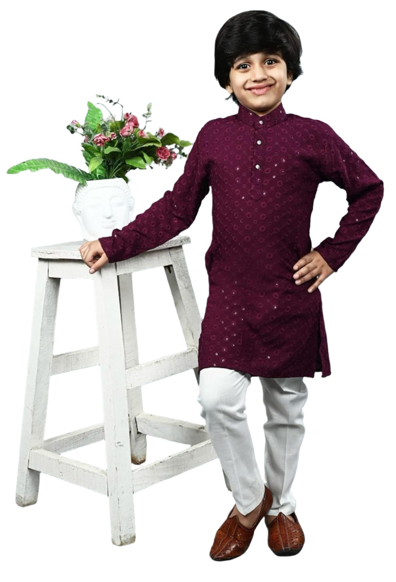 Boys Kurta Pajama Sequin Print Embroidery Mirror Work Maroon stool