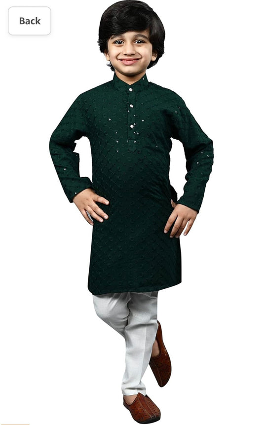 Boys Kurta Pajama Sequin Print Embroidery Mirror Work Green front