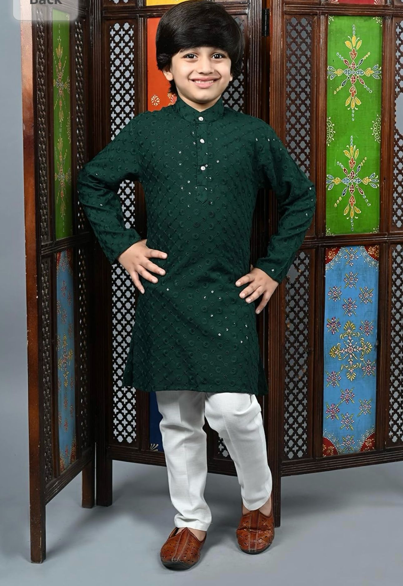 Boys Kurta Pajama Sequin Print Embroidery Mirror Work Green right