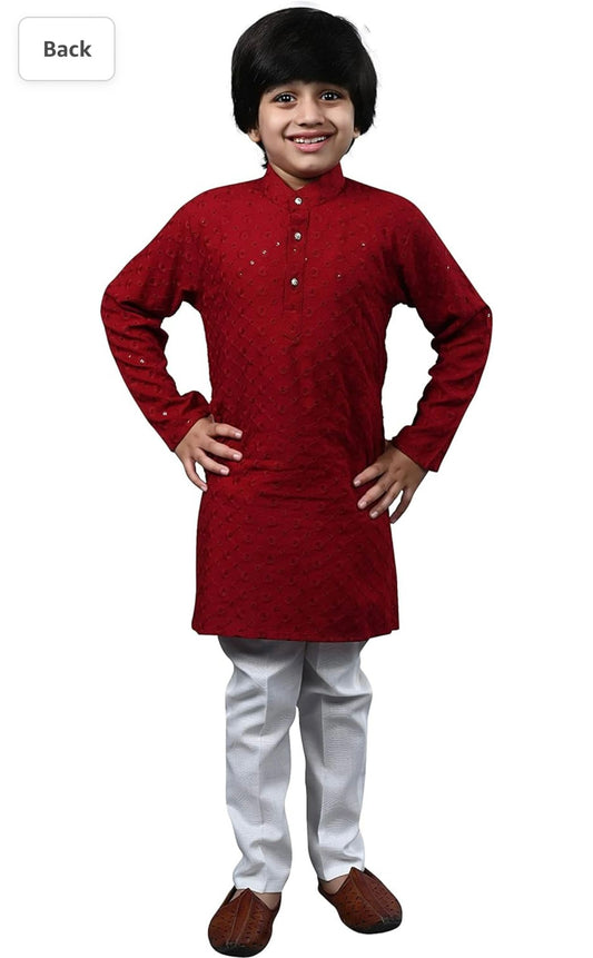 Boys Kurta Pajama Sequin Print Embroidery Mirror Work Red front