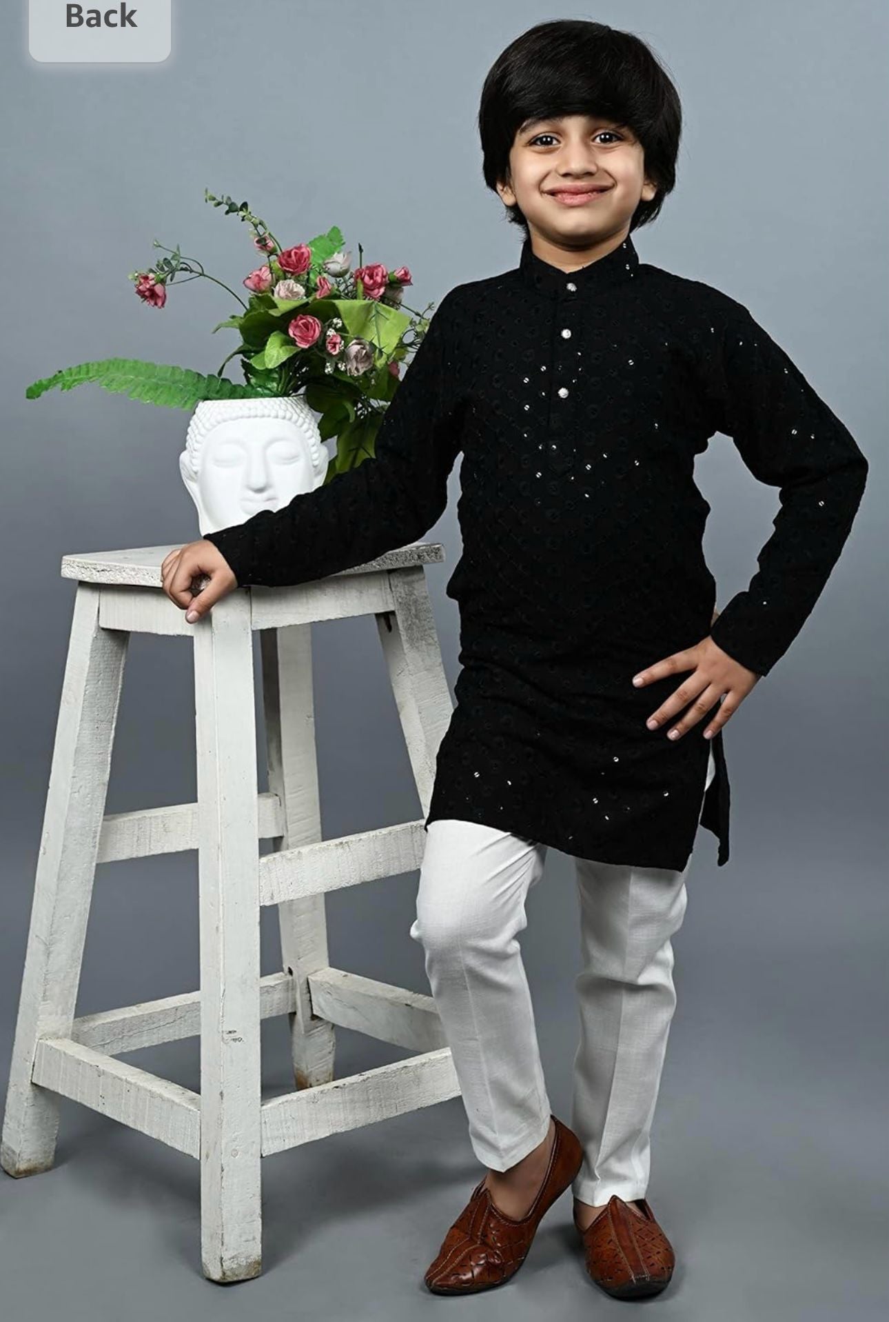 Boys Kurta Pajama Sequin Print Embroidery Mirror Work black pose