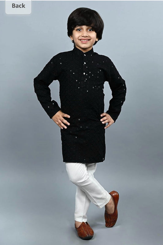 Boys Kurta Pajama Sequin Print Embroidery Mirror Work black front - Neha Couture Indian Fashion