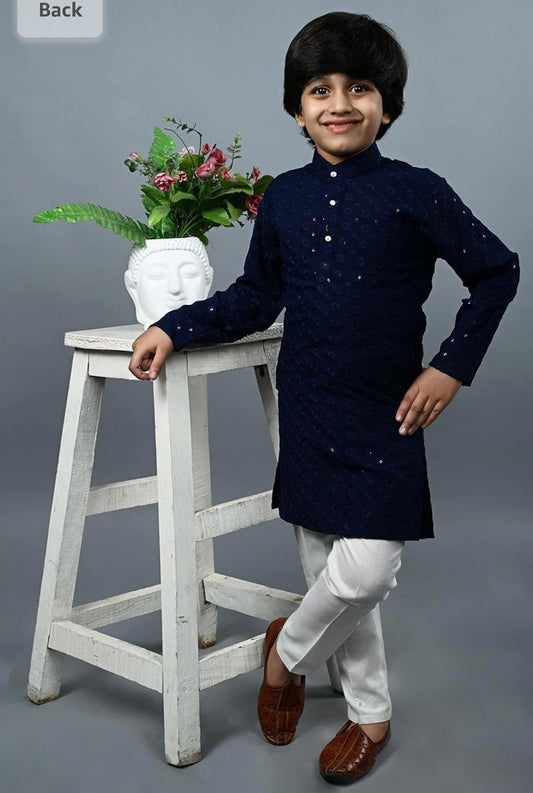 Boys Kurta Pajama Sequin Print Embroidery Mirror Work blue pose