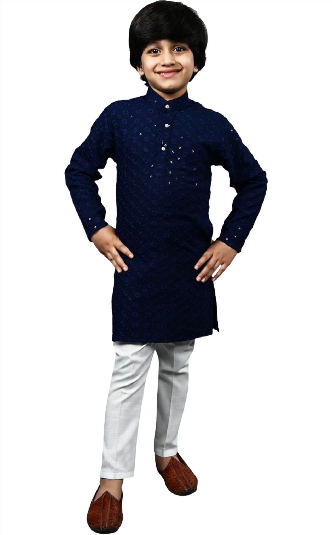 Boys Kurta Pajama Sequin Print Embroidery Mirror Work blue front