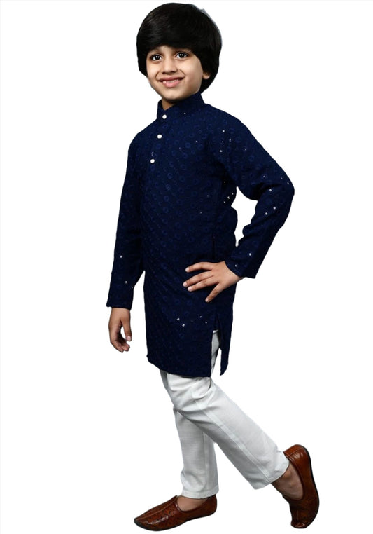 Boys Kurta Pajama Sequin Print Embroidery Mirror Work blue left - Neha Couture Indian Fashion