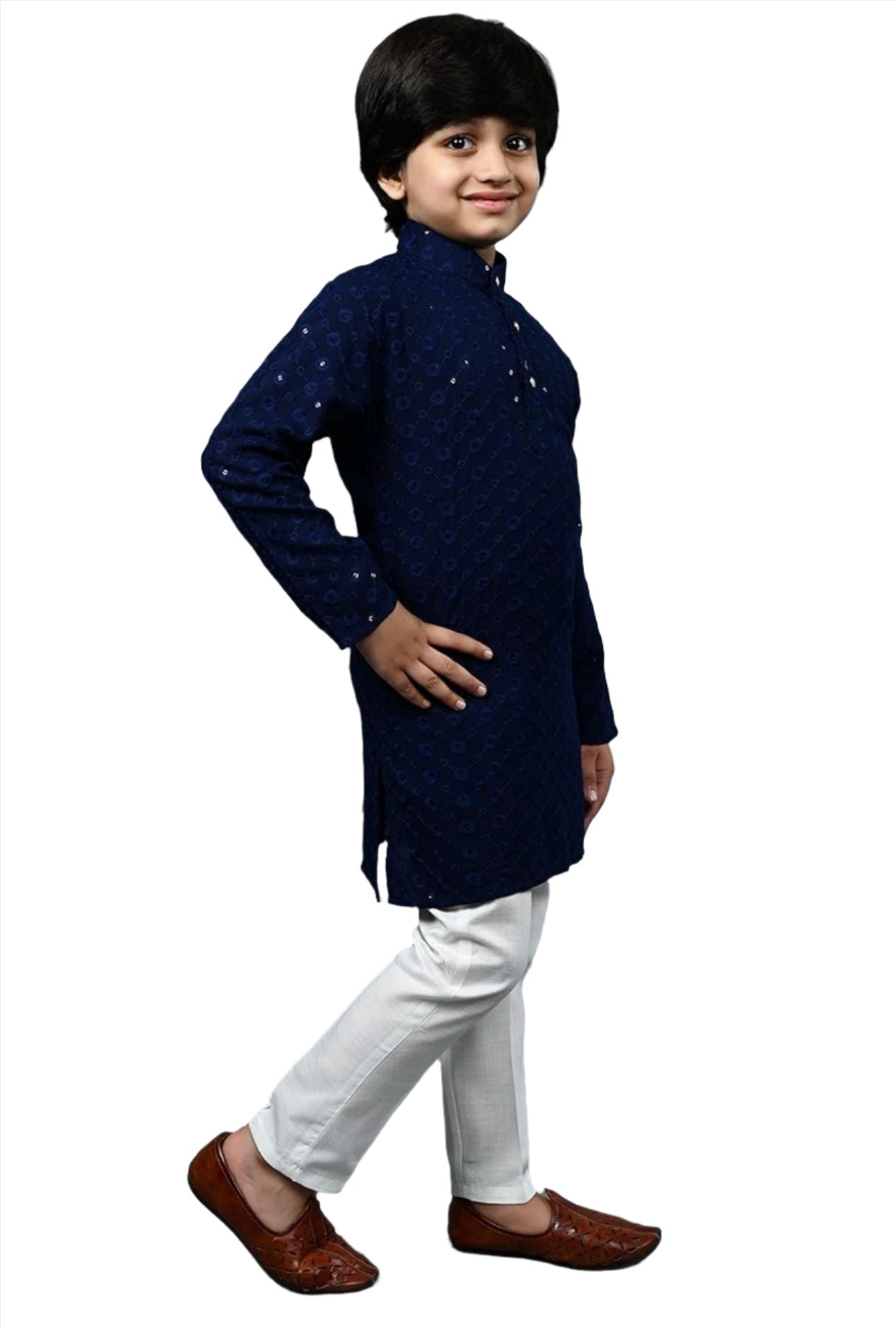 Boys Kurta Pajama Sequin Print Embroidery Mirror Work blue right
