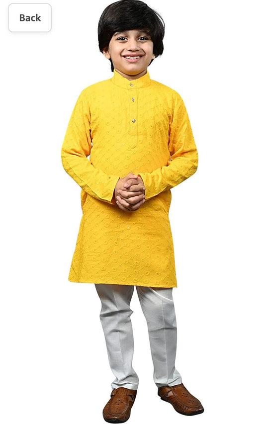 Boys Kurta Pajama Sequin Print Embroidery Mirror Work Yellow