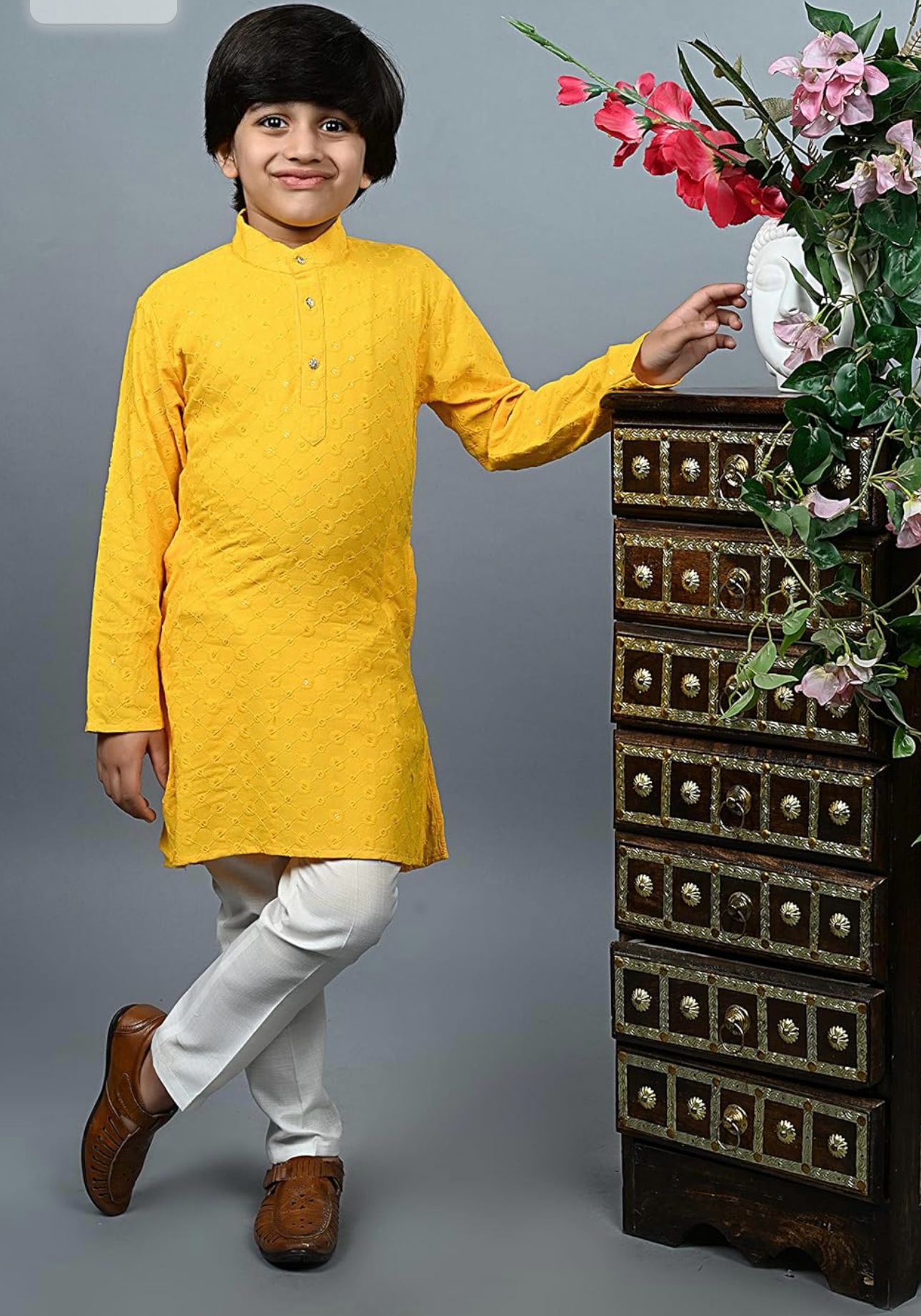 Boys Kurta Pajama Sequin Print Embroidery Mirror Work Yellow