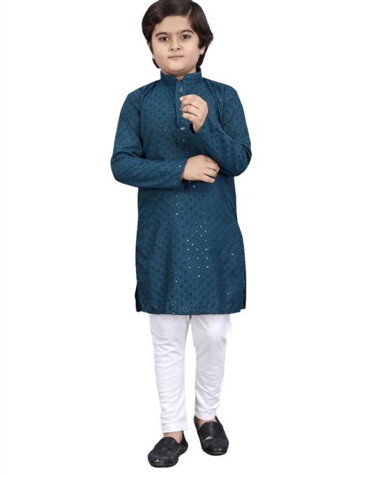 Boys Kurta Pajama Sequin Print Embroidery Mirror Work rama blue front