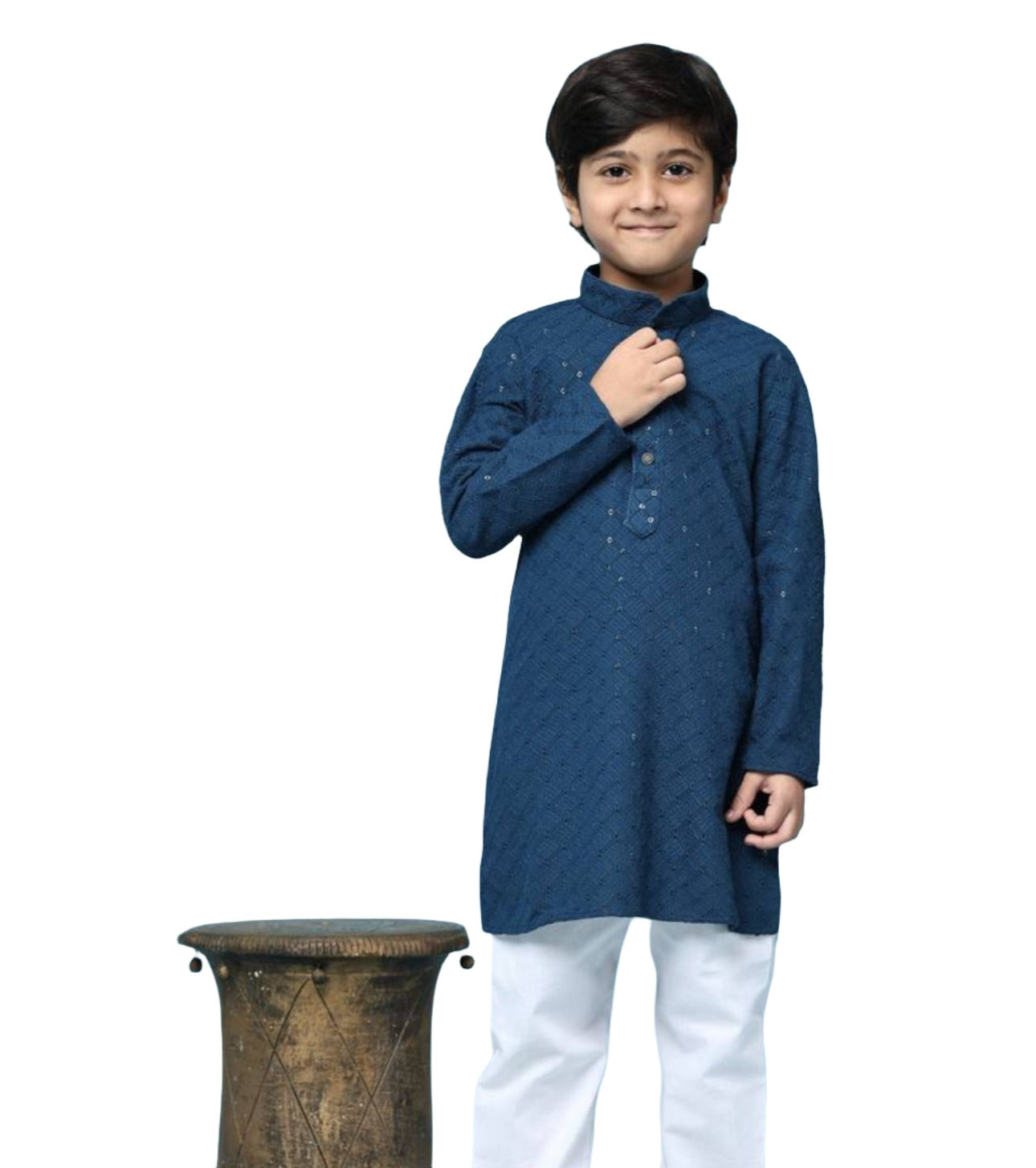 Boys Kurta Pajama Sequin Print Embroidery Mirror Work rama blue last