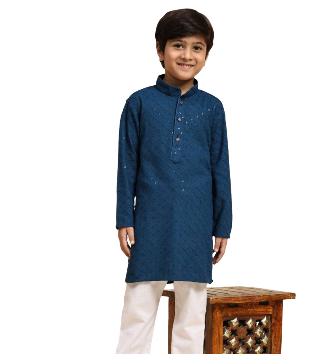 Boys Kurta Pajama Sequin Print Embroidery Mirror Work rama blue smile
