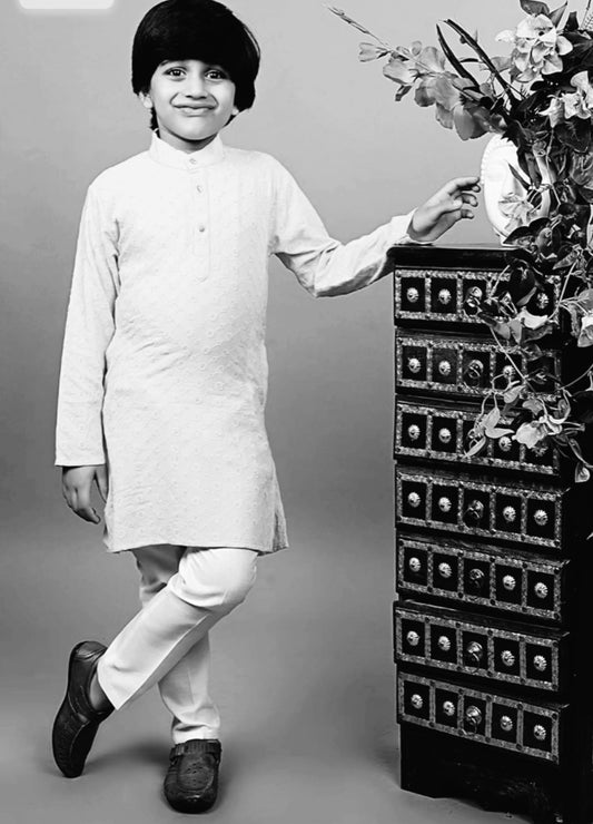 Boys Kurta Pajama Sequin Print Embroidery Mirror Work white