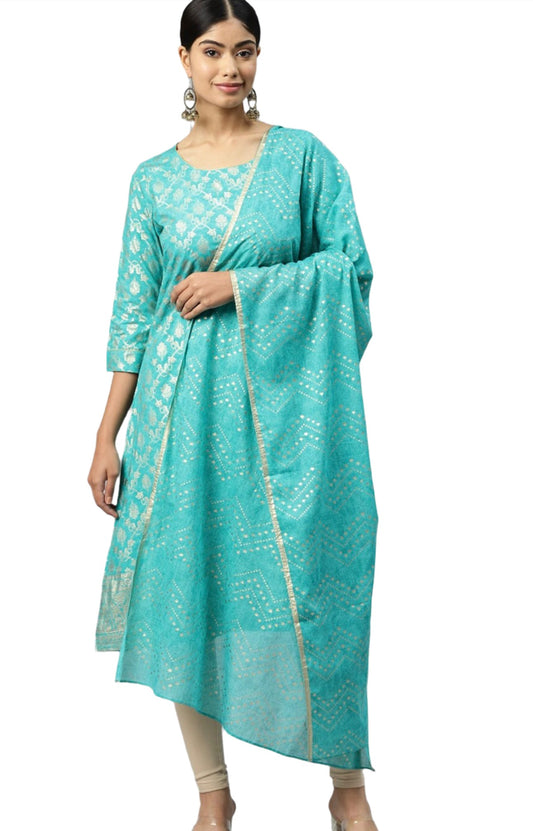 Ethnic Motifs Foil Printed Kurta With Leggings & Dupatta
