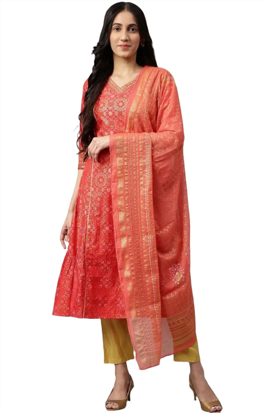 Red Printed kurta-Teal Trouser- Dupatta Set