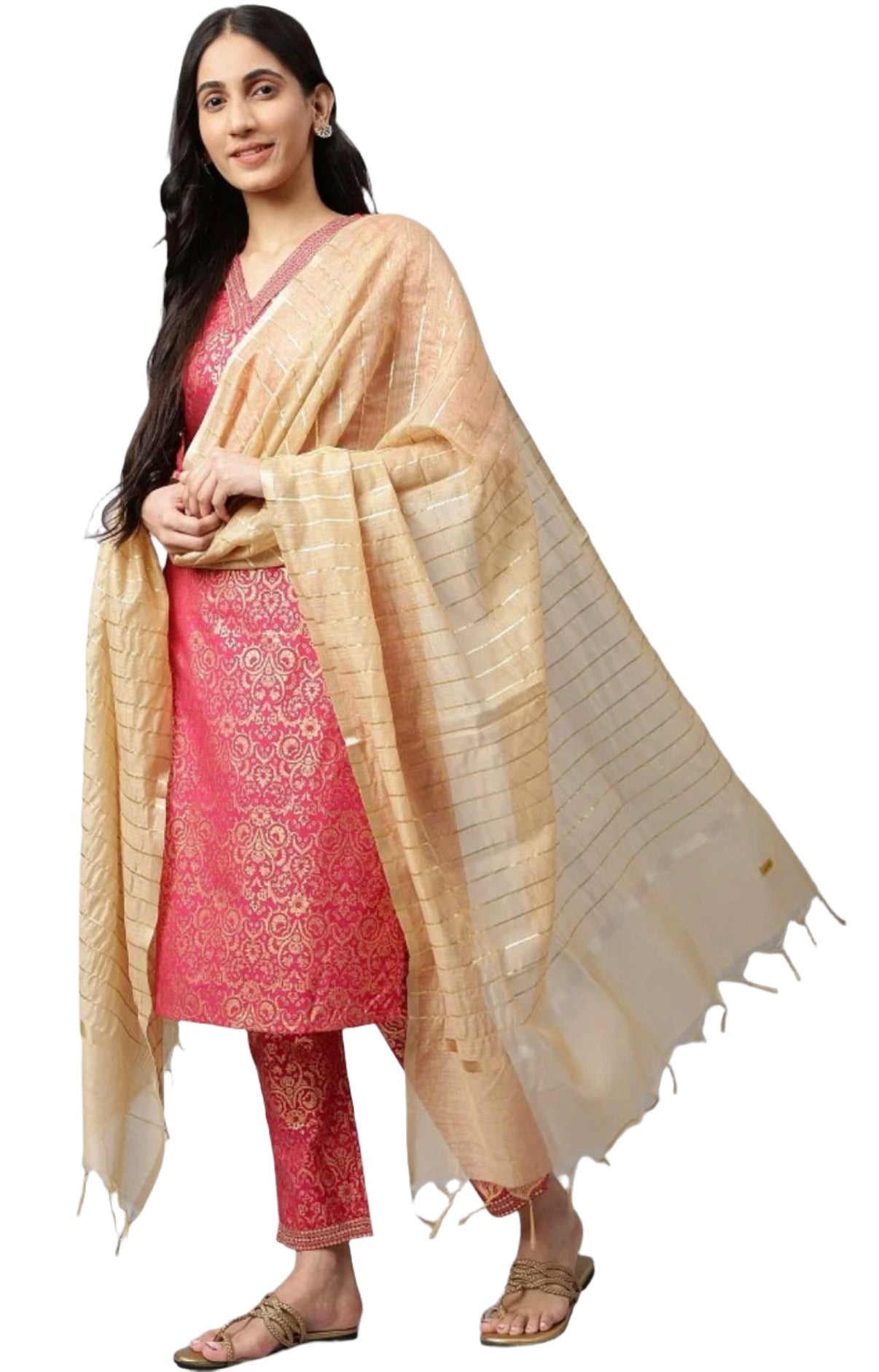 Wine Yarn-Dyed Straight kurta-Trousers-Dupatta Set in Munich