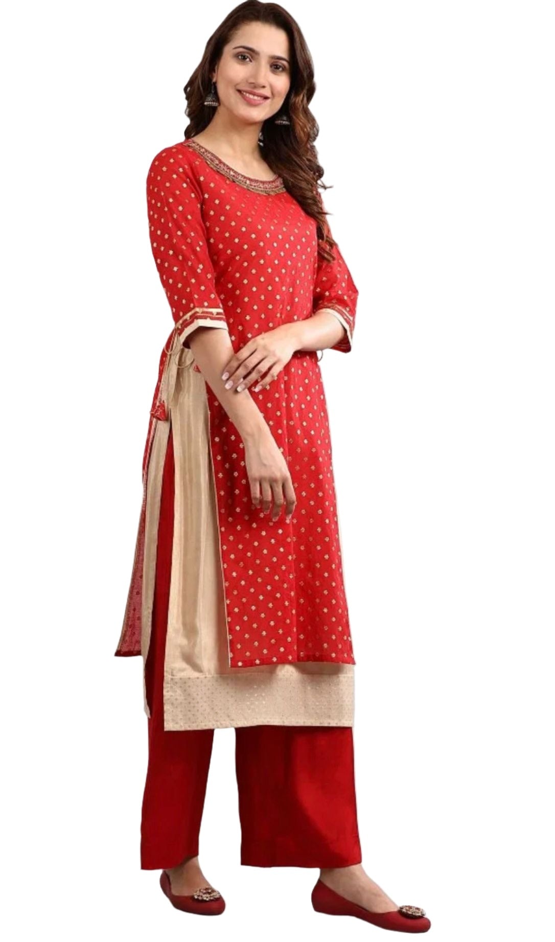 Red Round Neck Embellished kurta Set in Poland