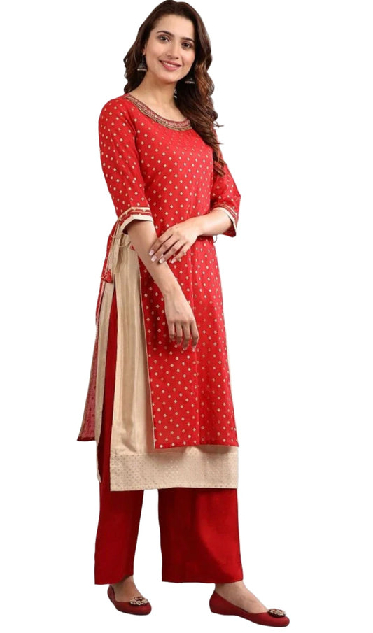 Red Round Neck Embellished kurta Set in Poland
