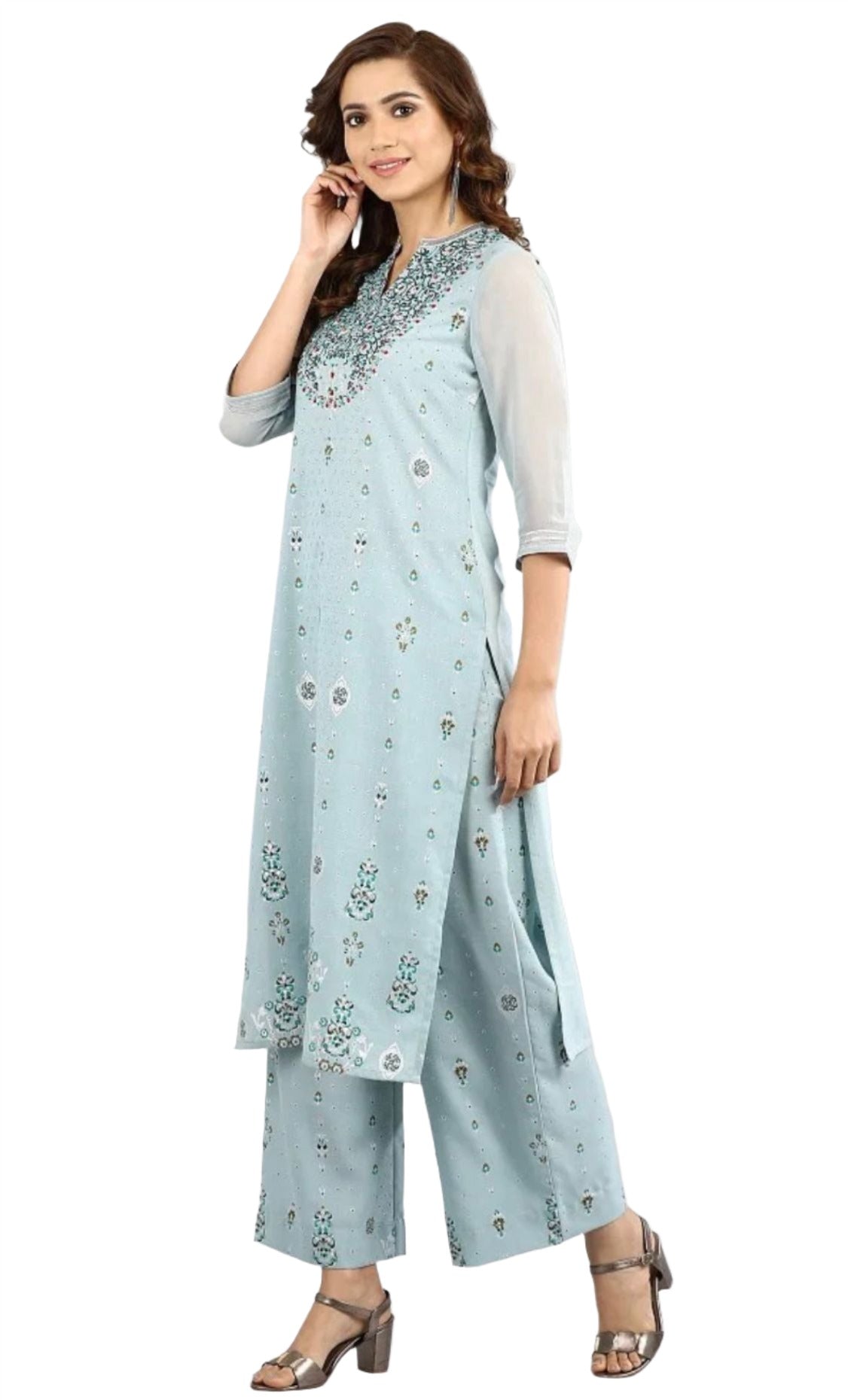 Blue Band Collar Printed kurta Set in Poland