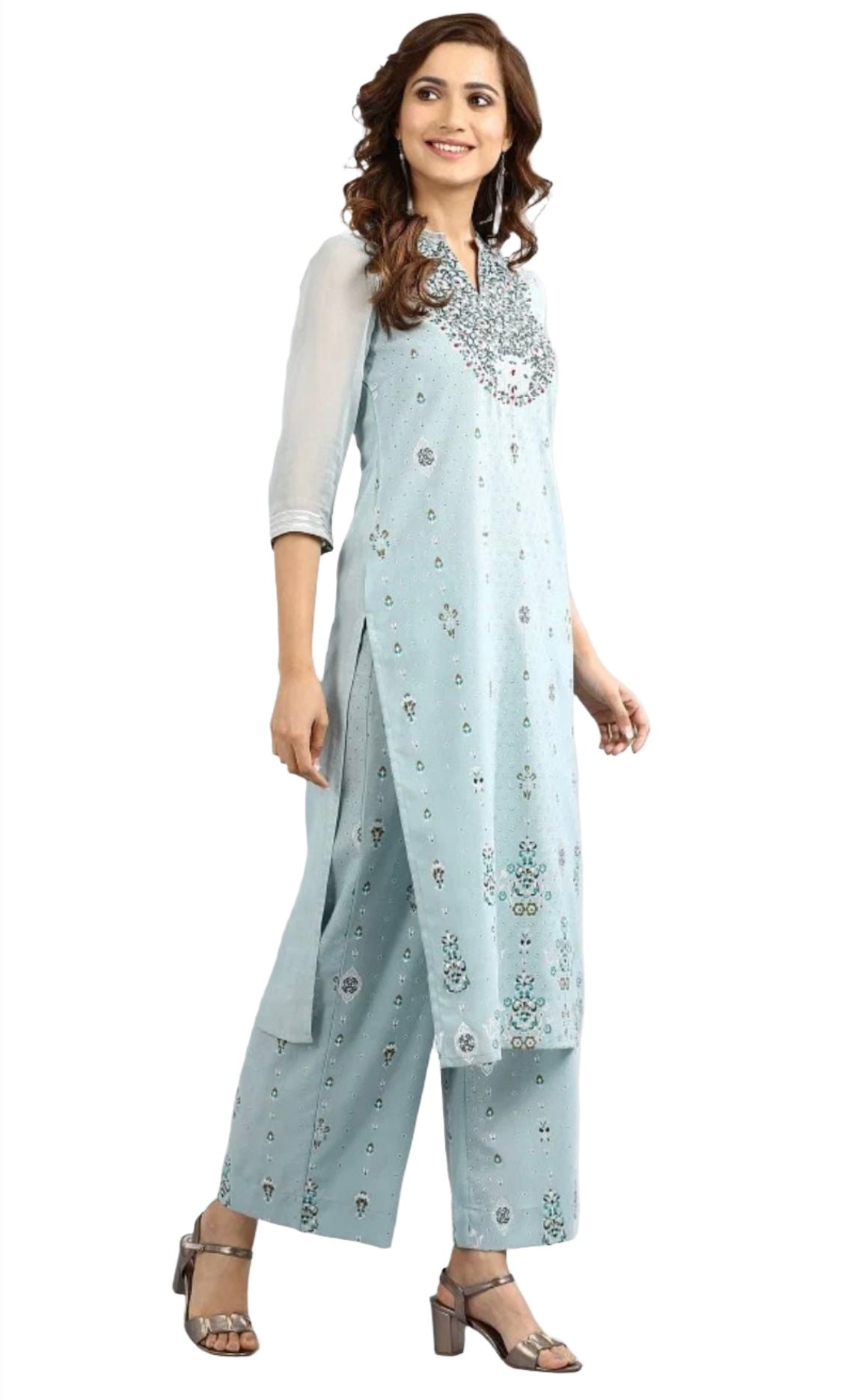 Blue Band Collar Printed kurta Set in Poland