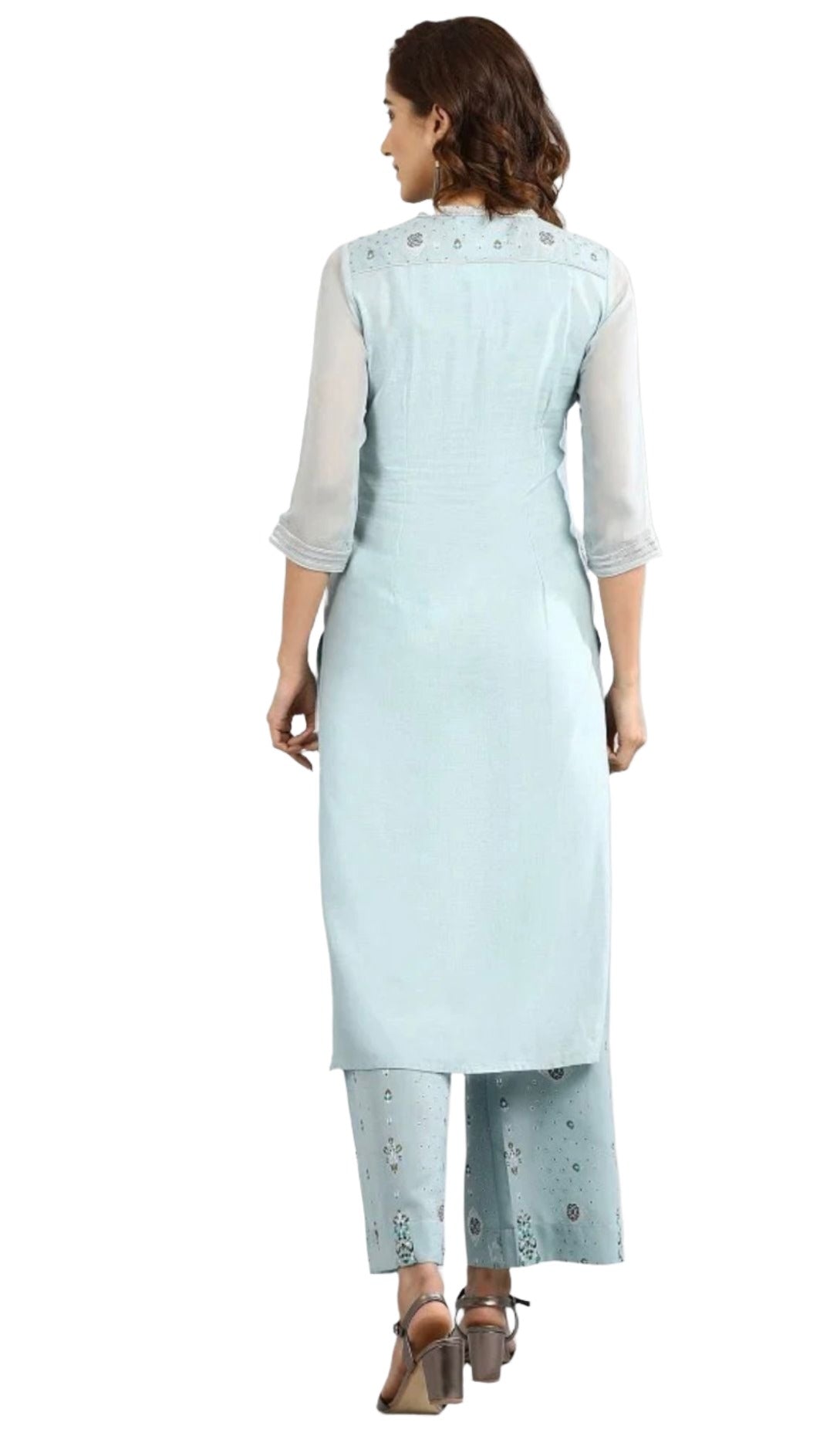 Blue Band Collar Printed kurta Set in Poland