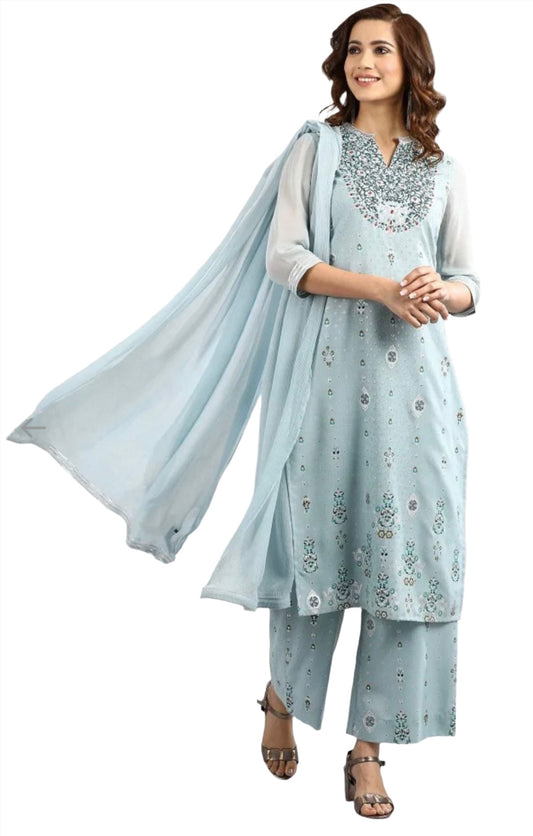 Blue Band Collar Printed kurta Set in Poland