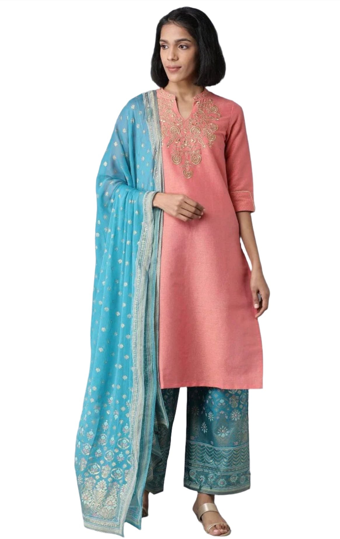 Peach Yarn-Dyed Straight kurta-Palazzos-Dupatta Set in Berlin