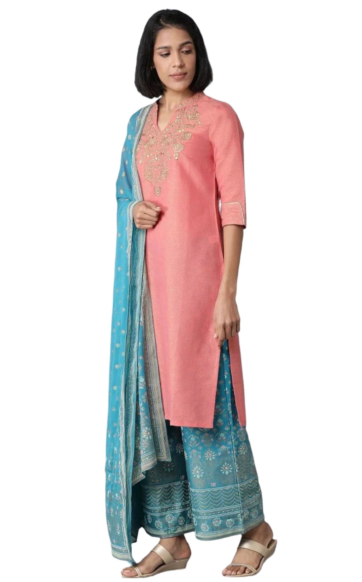 Peach Yarn-Dyed Straight kurta-Palazzos-Dupatta Set in Berlin