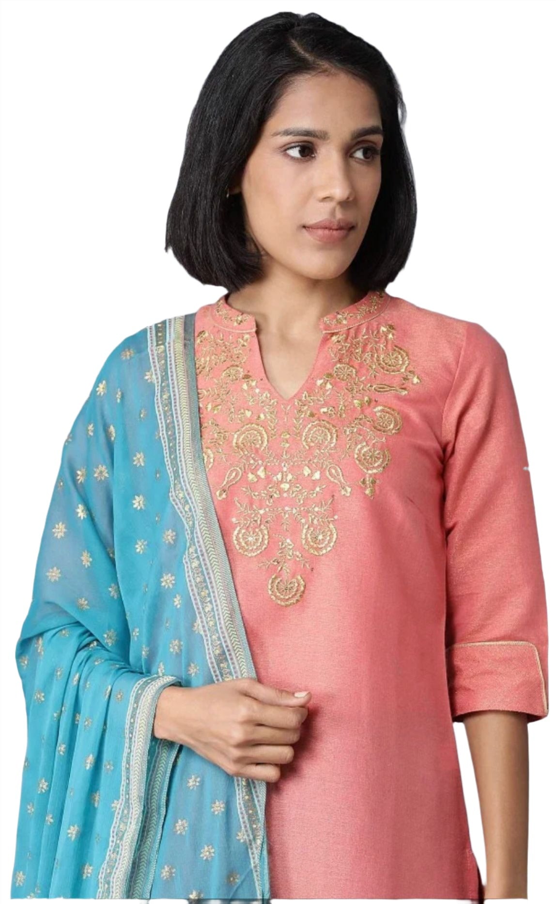Peach Yarn-Dyed Straight kurta-Palazzos-Dupatta Set in Berlin