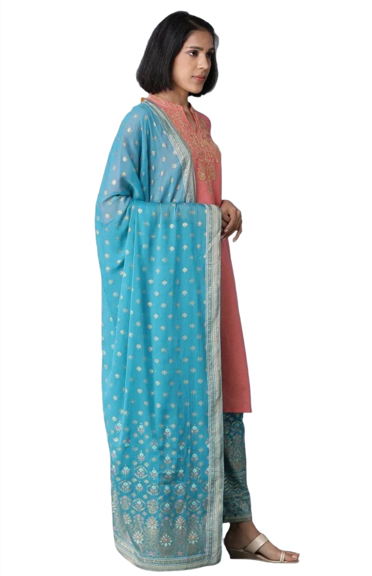 Peach Yarn-Dyed Straight kurta-Palazzos-Dupatta Set in Berlin