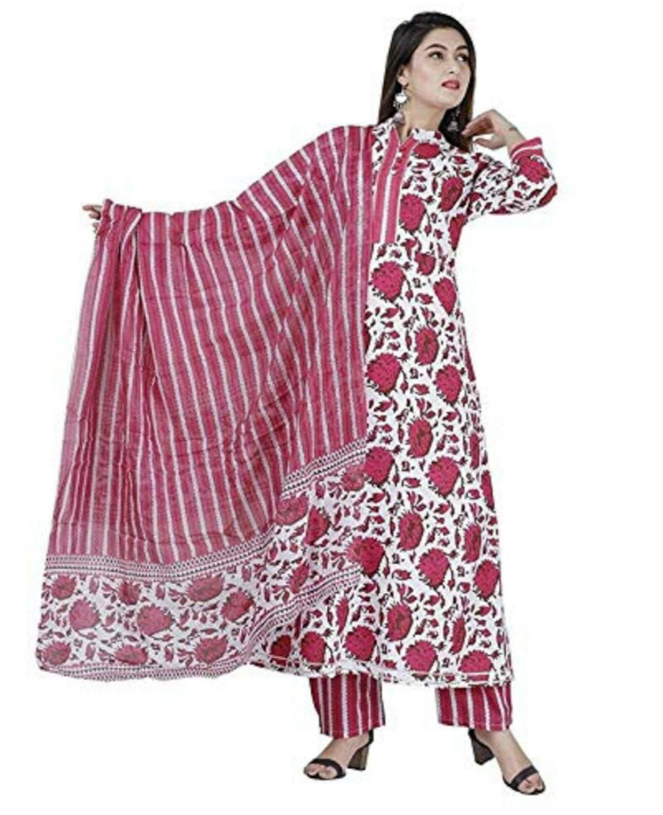 Women Red Cotton Kurti Pant Dupatta Set