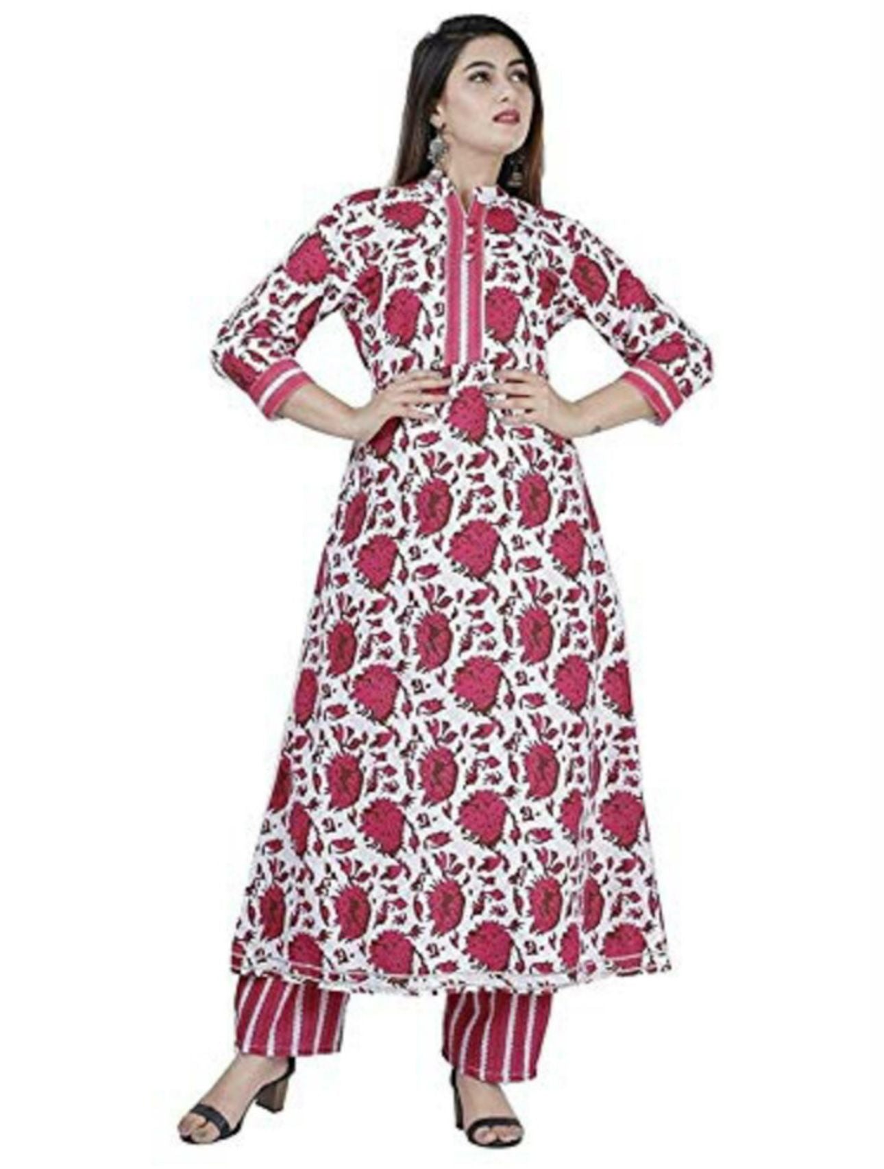 Women Red Cotton Kurti Pant Dupatta Set