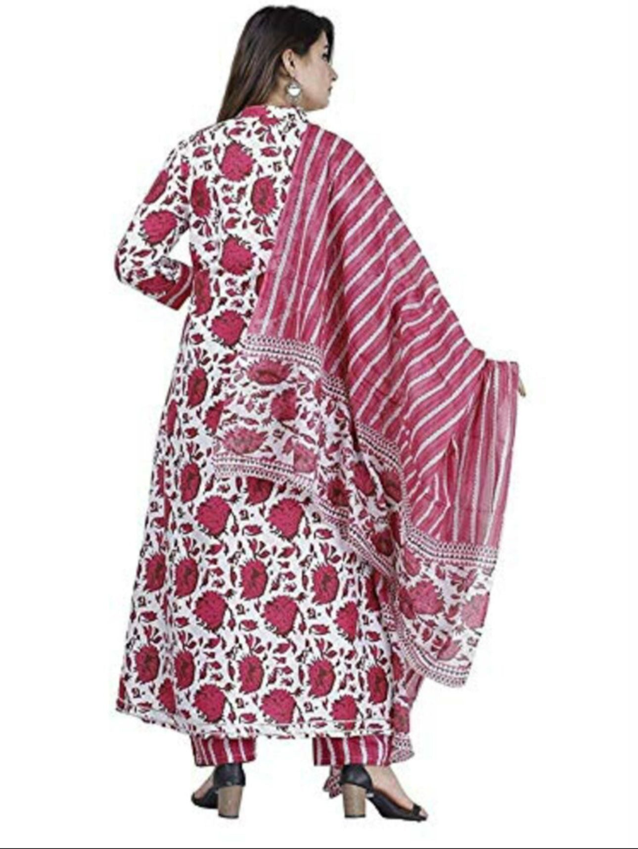 Women Red Cotton Kurti Pant Dupatta Set