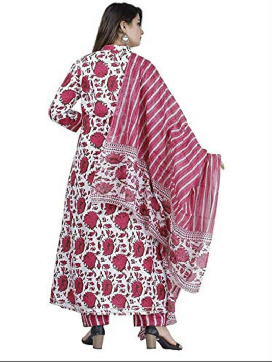 Women Red Cotton Kurti Pant Dupatta Set